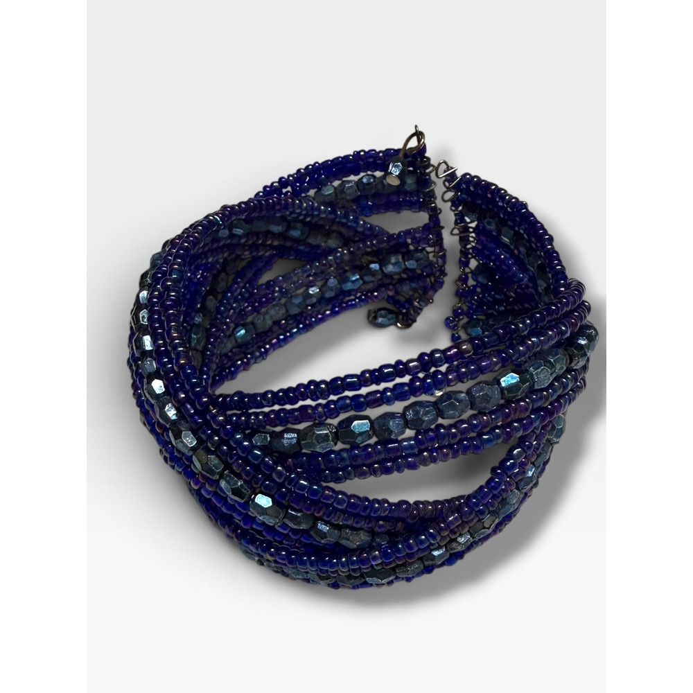 Unbranded Cobalt Blue Iridescent Multi Strand Beaded Wide Flex Cuff Bracelet